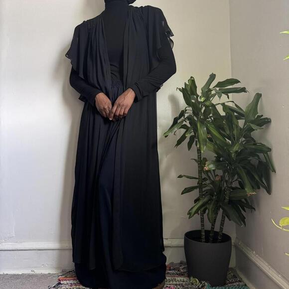 Vintage 90s black sheer lingerie maxi‎ dress ruffle floral cardigan - Picture 5 of 8